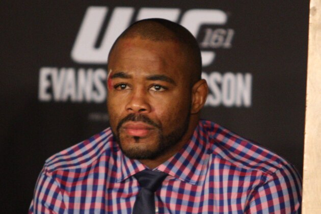 June 15, 2013; Winnipeg, Manitoba, CAN; Rashad Evans addresses the media in the post fight conference at the UFC 161 at the MTS Center. Mandatory Credit: Bruce Fedyck-USA TODAY Sports