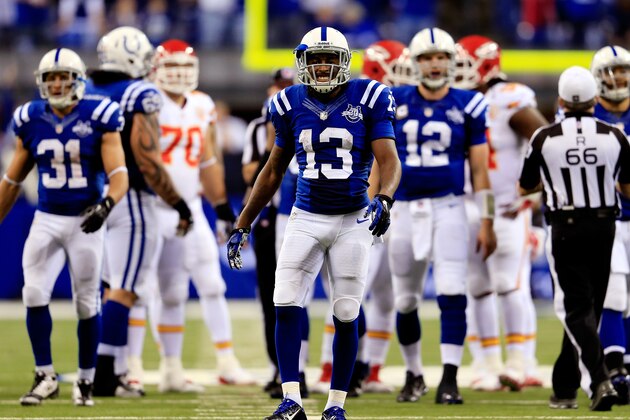 INDIANAPOLIS, IN - JANUARY 04: Wide receiver T.Y. Hilton #13 of the Indianapolis Colts reacts against the Kansas City Chiefs during a Wild Card Playoff game at Lucas Oil Stadium on January 4, 2014 in Indianapolis, Indiana.  (Photo by Rob Carr/Getty Images)