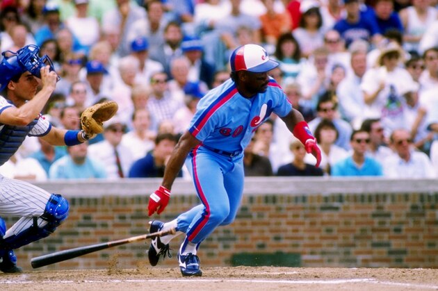Outfielder Tim Raines of the Montreal Expos drops his bat and prepares to run. Outfielder Tim Raines of the Montreal Expos drops his bat and prepares to run.