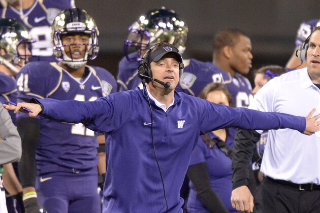 Dec 27, 2013; San Francisco, CA, USA; Washington Huskies defensive coordinator Justin Wilcox reacts during the 2013 Fight Hunger Bowl against the BYU Cougars at AT&T Park. Washington defeated BYU 31-16. Mandatory Credit: Kirby Lee-USA TODAY Sports