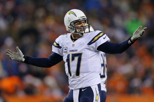 DENVER, CO - DECEMBER 12:   Philip Rivers #17 of the San Diego Chargers reacts to a second quarter call during their game against the Denver Broncos at Sports Authority Field at Mile High on December 12, 2013 in Denver, Colorado.  (Photo by Justin Edmonds/Getty Images)