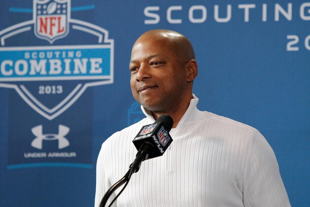 Feb 23, 2013; Indianapolis, IN, USA;  New York Giants general manager Jerry Reese speaks at a press conference during the 2013 NFL Combine at Lucas Oil Stadium. Credit: Pat Lovell-USA TODAY Sports