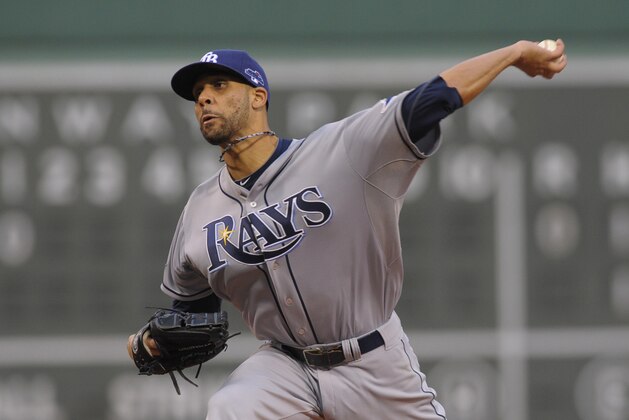 Oct 5, 2013; Boston, MA, USA; Tampa Bay Rays starting pitcher David Price (14) pitches during the first inning in game two of the American League divisional series playoff baseball game against the Boston Red Sox at Fenway Park. Mandatory Credit: Bob DeChiara-USA TODAY Sports