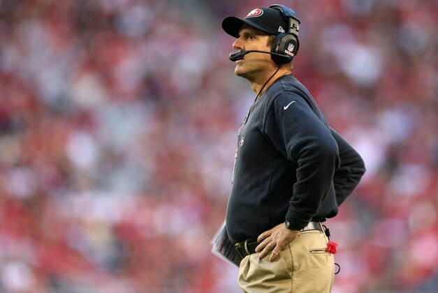 Dec 29, 2013; Phoenix, AZ, USA; San Francisco 49ers head coach Jim Harbaugh against the Arizona Cardinals at University of Phoenix Stadium. Mandatory Credit: Mark J. Rebilas-USA TODAY Sports