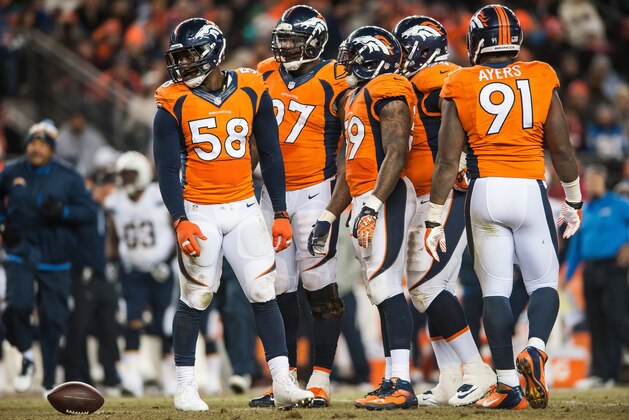 DENVER, CO - DECEMBER 12:  Denver Broncos defensive players, from left, Von Miller #58, Malik Jackson #97, Danny Trevathan #59, Terrance Knighton #94, and Robert Ayers #91 await the play during a game against the San Diego Chargers at Sports Authority Field Field at Mile High on December 12, 2013 in Denver, Colorado.  (Photo by Dustin Bradford/Getty Images)