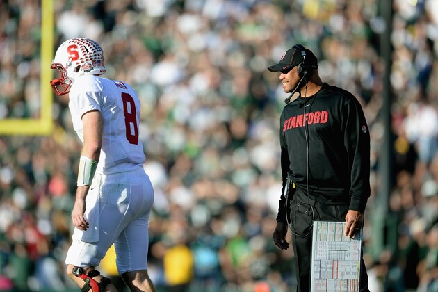 PASADENA, CA - JANUARY 01:  Stanford Cardinal head coach David Shaw looks on against the Michigan State Spartans during the 100th Rose Bowl Game presented by Vizio at the Rose Bowl on January 1, 2014 in Pasadena, California.  (Photo by Harry How/Getty Images)