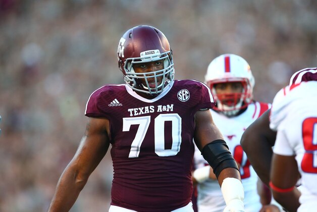 Sep 21, 2013; College Station, TX, USA; Texas A&M Aggies offensive tackle Cedric Ogbuehi (70) against the SMU Mustangs at Kyle Field. Mandatory Credit: Mark J. Rebilas-USA TODAY Sports