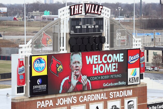 LOUISVILLE, KY - JANUARY 09: The video board at Papa John's Cardinal Stadium introduces Bobby Petrino as the head football coach of the University of Louisville  on January 9, 2014 in Louisville, Kentucky.  (Photo by Andy Lyons/Getty Images)