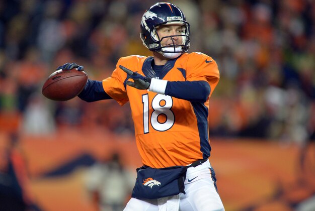 Dec 12, 2013; Denver, CO, USA; Denver Broncos quarterback Peyton Manning (18) throws a pass during the game against the San Diego Chargers at Sports Authority Field at Mile High. Mandatory Credit: Kirby Lee-USA TODAY Sports