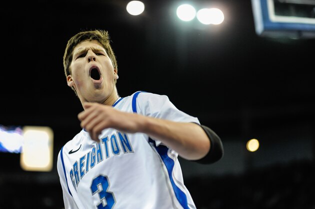 OMAHA, NE - NOVEMBER 18: Doug McDermott #3 of the Creighton Bluejays reacts after a slam dunk against Presbyterian Blue Hose during their game at CenturyLink Center on November 18, 2012 in Omaha, Nebraska. (Photo by Eric Francis/Getty Images)