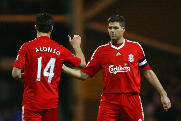 PRESTON, UNITED KINGDOM - JANUARY 03: Steven Gerrard of Liverpool shakes hands with team mate Xabi Alonso (L) prior to the FA Cup sponsored by E.ON Third Round match between Preston North End and Liverpool at Deepdale Stadium on January 3, 2009 in Preston, England. (Photo by Alex Livesey/Getty Images) PRESTON, UNITED KINGDOM - JANUARY 03: Steven Gerrard of Liverpool shakes hands with team mate Xabi Alonso (L) prior to the FA Cup sponsored by E.ON Third Round match between Preston North End and Liverpool at Deepdale Stadium on January 3, 2009 in Preston, England. (Photo by Alex Livesey/Getty Images)