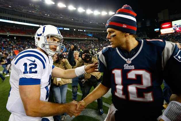 FOXBORO, MA - NOVEMBER 18: Andrew Luck #12 of the Indianapolis Colts shakes hands with Tom Brady #12 of the New England Patriots following their game on November 18, 2012 at Gillette Stadium in Foxboro, Massachusetts.  (Photo by Jared Wickerham/Getty Images)