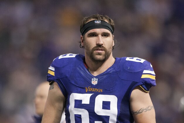 MINNEAPOLIS, MN - OCTOBER 27: Jared Allen #69 of the Minnesota Vikings looks on during the game against the Green Bay Packers on October 27, 2013 at Mall of America Field at the Hubert H. Humphrey Metrodome in Minneapolis, Minnesota. (Photo by Hannah Foslien/Getty Images)