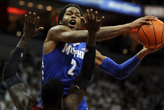 Jan 9, 2014; Louisville, KY, USA; Memphis Tigers forward Shaq Goodwin (2) shoots against Louisville Cardinals forward Montrezl Harrell (24) during the first half at the KFC Yum! Center. Mandatory Credit: Jamie Rhodes-USA TODAY Sports