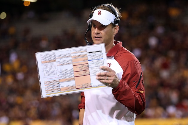 TEMPE, AZ - SEPTEMBER 28:  Head coach Lane Kiffin of the USC Trojans during the college football game against the Arizona State Sun Devils at Sun Devil Stadium on September 28, 2013 in Tempe, Arizona.  The Sun Devils defeated the Trojans 62-41.  (Photo by Christian Petersen/Getty Images)