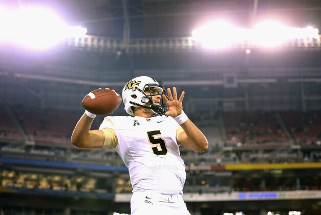 Jan 1, 2014; Glendale, AZ, USA; Central Florida Knights quarterback Blake Bortles (5) against the Baylor Bears during the Fiesta Bowl at University of Phoenix Stadium. Central Florida defeated Baylor 52-42. Mandatory Credit: Mark J. Rebilas-USA TODAY Sports
