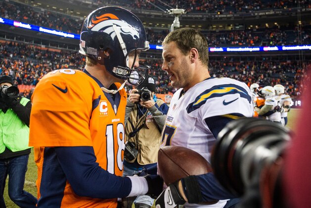 DENVER, CO - DECEMBER 12:  Quarterback Peyton Manning #18 of the Denver Broncos congratulates quarterback Philip Rivers #17 of the San Diego Chargers after a 27-20 loss to the San Diego Chargers at Sports Authority Field Field at Mile High on December 12, 2013 in Denver, Colorado.  (Photo by Dustin Bradford/Getty Images)