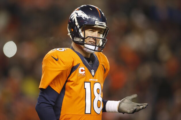 Dec 12, 2013; Denver, CO, USA; Denver Broncos quarterback Peyton Manning (18) reacts during the second half against the San Diego Chargers at Sports Authority Field at Mile High. The Chargers won 27-20. Mandatory Credit: Chris Humphreys-USA TODAY Sports Dec 12, 2013; Denver, CO, USA; Denver Broncos quarterback Peyton Manning (18) reacts during the second half against the San Diego Chargers at Sports Authority Field at Mile High. The Chargers won 27-20. Mandatory Credit: Chris Humphreys-USA TODAY Sports