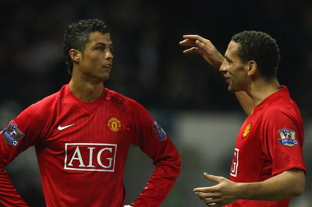 DERBY, UNITED KINGDOM - FEBRUARY 15:  Cristiano Ronaldo of Manchester United is congratulated by Rio Ferdinand after scoring the third goal during the FA Cup sponsored by E.on Fifth Round match between Derby County and Manchester United at Pride Park on February 15, 2009 in Derby, England.  (Photo by Laurence Griffiths/Getty Images)