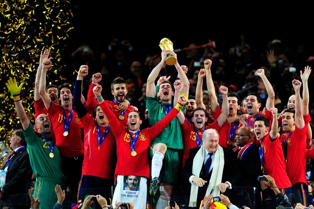 JOHANNESBURG, SOUTH AFRICA - JULY 11:  Iker Casillas of Spain celebrates lifting the World Cup with team mates during the 2010 FIFA World Cup South Africa Final match between Netherlands and Spain at Soccer City Stadium on July 11, 2010 in Johannesburg, South Africa.  (Photo by Jamie McDonald/Getty Images)