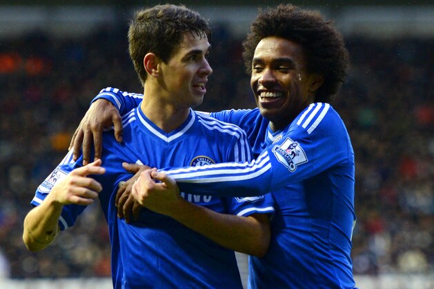 DERBY, ENGLAND - JANUARY 05:  Willian of Chelsea (R) congratulates Oscar of Chelsea on scoring their second goal during the Budweiser FA Cup Third Round match between Derby County and Chelsea at iPro Stadium on January 5, 2014 in Derby, England.  (Photo by Michael Regan/Getty Images)