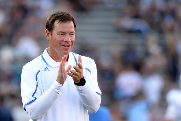 PASADENA, CA - AUGUST 31:  Head coach Jim Mora of the UCLA Bruins claps to encourage his team before the game against the Nevada Wolf Pack at Rose Bowl on August 31, 2013 in Pasadena, California.  (Photo by Harry How/Getty Images)