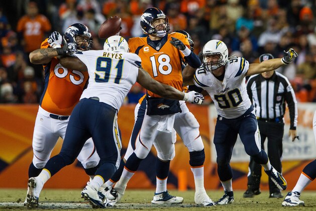 DENVER, CO - DECEMBER 12:  Quarterback Peyton Manning #18 of the Denver Broncos is swarmed by defensive end Kendall Reyes #91  and linebacker Thomas Keiser #90 of the San Diego Chargers as he throws a pass during a game at Sports Authority Field Field at Mile High on December 12, 2013 in Denver, Colorado.  (Photo by Dustin Bradford/Getty Images)