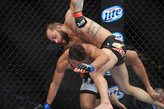 April 13, 2013; Las Vegas, NV, USA;Sam Sicilia hits Maximo Blanco during the TUF 17 Finale at the Mandalay Bay Events Center. Mandatory Credit: Gary A. Vasquez-USA TODAY Sports