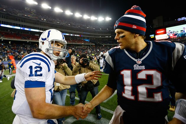 FOXBORO, MA - NOVEMBER 18:  Andrew Luck #12 of the Indianapolis Colts shakes hands with Tom Brady #12 of the New England Patriots following their game on November 18, 2012 at Gillette Stadium in Foxboro, Massachusetts.  (Photo by Jared Wickerham/Getty Images)