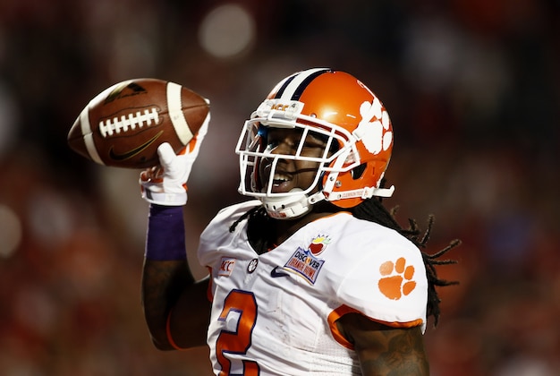 Jan 3, 2014; Miami Gardens, FL, USA; Clemson Tigers wide receiver Sammy Watkins (2) reacts after scoring a touchdown against the Ohio State Buckeyes in the first half of the 2014 Orange Bowl college football game at Sun Life Stadium. Mandatory Credit: Robert Mayer-USA TODAY Sports