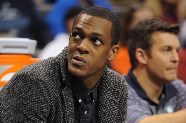 Jan 5, 2014; Oklahoma City, OK, USA; Boston Celtics point guard Rajon Rondo (9) watches his team in action against the Oklahoma City Thunder at Chesapeake Energy Arena. Mandatory Credit: Mark D. Smith-USA TODAY Sports