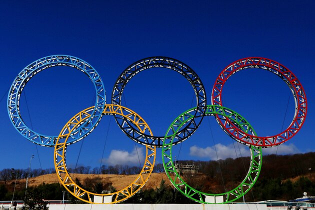 ADLER, RUSSIA - JANUARY 08:  The Olympic Rings stand outside of Sochi International Airport on January 8, 2014 in Alder, Russia. The region will host the Sochi 2014 Winter Olympics which start on February 6th, 2014.  (Photo by Michael Heiman/Getty Images)