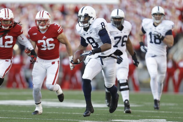 MADISON, WI - NOVEMBER 30: Allen Robinson #8 of the Penn State Nittany Lions makes the catch and turns upfield for some more yards during the first half of play against the Wisconsin Badgers at Camp Randall Stadium on November 30, 2013 in Madison, Wisconsin. (Photo by Mike McGinnis/Getty Images)