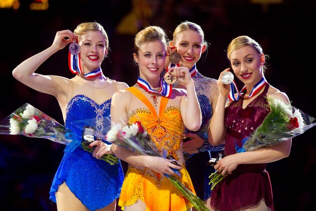 Jan. 26, 2013; Omaha, NE, USA; From left Gracie Gold , Ashley Wagner , Agnes Zawadzki and Courtney Hicks pose with their medals during the awards ceremony for the senior ladies at the U.S. Figure Skating Nationals at the CenturyLink Center.  Mandatory Credit: Guy Rhodes-USA TODAY Sports
