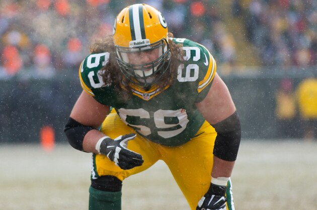 Dec 8, 2013; Green Bay, WI, USA; Green Bay Packers offensive tackle David Bakhtiari (69) during the game against the Atlanta Falcons at Lambeau Field.  Green Bay won 22-21.  Mandatory Credit: Jeff Hanisch-USA TODAY Sports