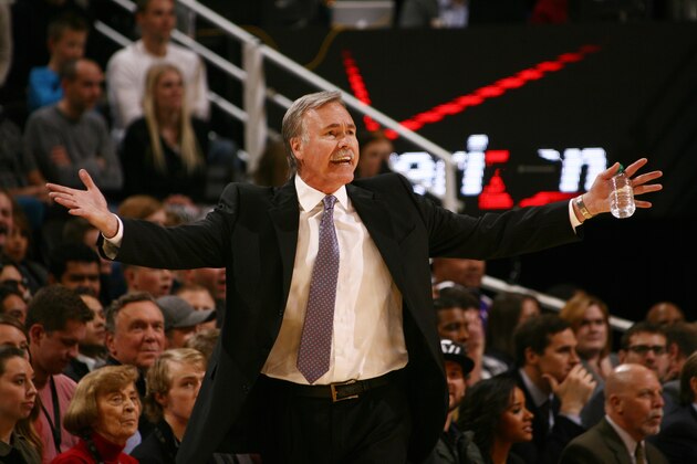 SALT LAKE CITY, UT - DECEMBER 27:  Mike D'Antoni, Head Coach of the Los Angeles Lakers reacts to a call during play against the Utah Jazz at EnergySolutions Arena on December 27, 2013 in Salt Lake City, Utah. NOTE TO USER: User expressly acknowledges and agrees that, by downloading and or using this Photograph, User is consenting to the terms and conditions of the Getty Images License Agreement. Mandatory Copyright Notice: Copyright 2013 NBAE (Photo by Melissa Majchrzak/NBAE via Getty Images)
