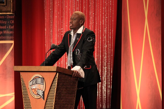SPRINGFIELD, MA - AUGUST 12: Inductee Dennis Rodman speaks to the audience during the 2011 Basketball Hall of Fame Enshrinement Ceremony on August 12, 2011 at Symphony Hall in Springfield, Massachusetts. NOTE TO USER: User expressly acknowledges and agrees that, by downloading and/or using this photograph, user is consenting to the terms and conditions of the Getty Images License Agreement.  Mandatory Copyright Notice: Copyright 2011 NBAE (Photo by Nathaniel S. Butler/NBAE via Getty Images)