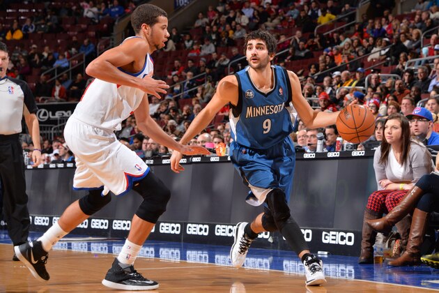 PHILADELPHIA, PA - JANUARY 6: Ricky Rubio #9 of the Minnesota Timberwolves dribbles to the basket against the Philadelphia 76ers at the Wells Fargo Center on January 6, 2014 in Philadelphia, Pennsylvania. NOTE TO USER: User expressly acknowledges and agrees that, by downloading and or using this photograph, User is consenting to the terms and conditions of the Getty Images License Agreement. Mandatory Copyright Notice: Copyright 2013 NBAE (Photo by Jesse D. Garrabrant/NBAE via Getty Images)