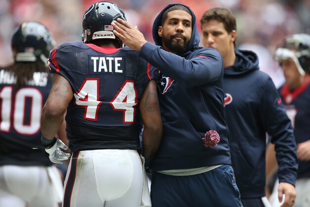 Dec 1, 2013; Houston, TX, USA; Houston Texans running back Ben Tate (44) celebrates with injured running back Arian Foster in the second quarter against the New England Patriots at Reliant Stadium. Mandatory Credit: Matthew Emmons-USA TODAY Sports