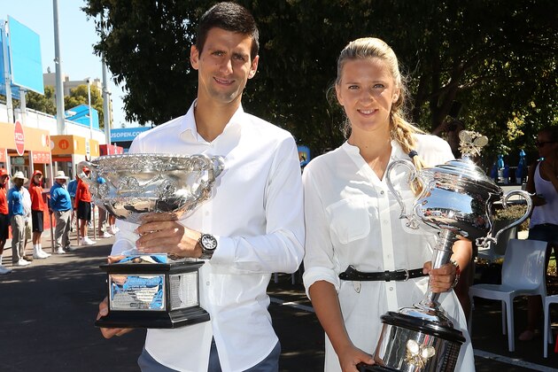 MELBOURNE, AUSTRALIA - JANUARY 10:  Novak Djokovic of Serbia (L) and Victoria Azarenka of Belarus pose as they arrive for the 2014 Australian Open official draw at Melbourne Park on January 10, 2014 in Melbourne, Australia.  (Photo by Graham Denholm/Getty Images)