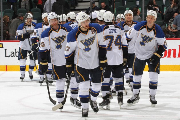 CALGARY, AB - JANUARY 9: The St. Louis Blues celebrate a win against the Calgary Flames at Scotiabank Saddledome on January 9, 2014 in Calgary, Alberta, Canada. (Photo by Brad Watson/NHL via Getty Images)