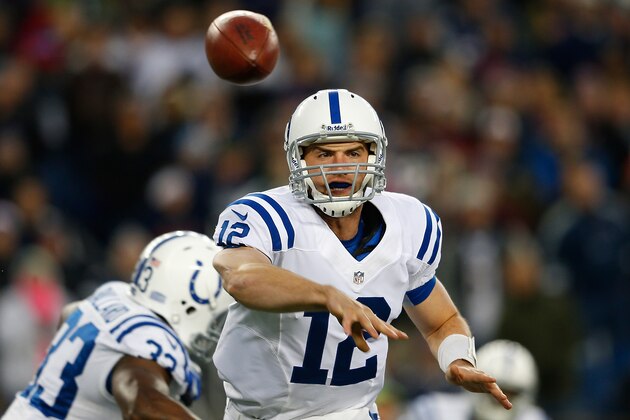 FOXBORO, MA - NOVEMBER 18:  Andrew Luck #12 of the Indianapolis Colts throws in the first half against the New England Patriots at Gillette Stadium on November 18, 2012 in Foxboro, Massachusetts. (Photo by Jim Rogash/Getty Images)