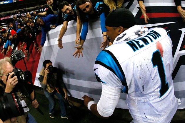 ATLANTA, GA - DECEMBER 29:  Cam Newton #1 of the Carolina Panthers celebrates their 21-20 win over the Atlanta Falcons at Georgia Dome on December 29, 2013 in Atlanta, Georgia.  (Photo by Kevin C. Cox/Getty Images)