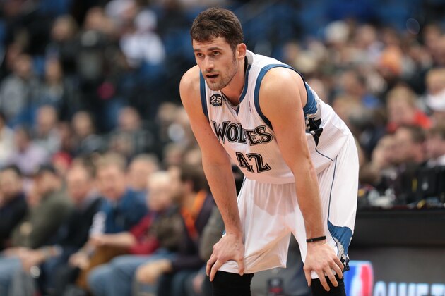MINNEAPOLIS, MN - JANUARY 8:  Kevin Love #42 of the Minnesota Timberwolves stands on the court against the Phoenix Suns on January 8, 2014 at Target Center in Minneapolis, Minnesota. NOTE TO USER: User expressly acknowledges and agrees that, by downloading and or using this Photograph, user is consenting to the terms and conditions of the Getty Images License Agreement. Mandatory Copyright Notice: Copyright 2014 NBAE (Photo by Jordan Johnson/NBAE via Getty Images)