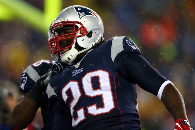 FOXBORO, MA - JANUARY 11:  LeGarrette Blount #29 of the New England Patriots celebrates in the end zone after scoring a 2 yard touchdown in the first quarter against the Indianapolis Colts during the AFC Divisional Playoff game at Gillette Stadium on January 11, 2014 in Foxboro, Massachusetts.  (Photo by Elsa/Getty Images)
