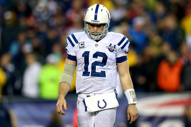 FOXBORO, MA - JANUARY 11: Andrew Luck #12 of the Indianapolis Colts reacts after a play against the New England Patriots during the AFC Divisional Playoff game at Gillette Stadium on January 11, 2014 in Foxboro, Massachusetts. (Photo by Elsa/Getty Images) FOXBORO, MA - JANUARY 11: Andrew Luck #12 of the Indianapolis Colts reacts after a play against the New England Patriots during the AFC Divisional Playoff game at Gillette Stadium on January 11, 2014 in Foxboro, Massachusetts. (Photo by Elsa/Getty Images)