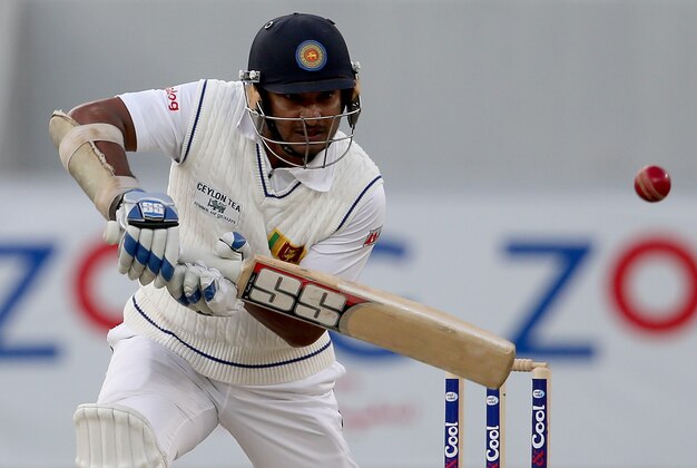 DUBAI, UNITED ARAB EMIRATES - JANUARY 08:  Kumar Sangakkara of Sri Lanka bats during the first day of the second Test match between Pakistan and Sri Lanka at the Dubai Sports City Cricket Stadium on January 8, 2014 in Dubai, United Arab Emirates.  (Photo by Francois Nel/Getty Images)