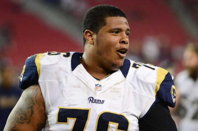 Nov. 25, 2012; Glendale, AZ, USA: St. Louis Rams tackle Rodger Saffold (76) against the Arizona Cardinals at University of Phoenix Stadium. Mandatory Credit: Mark J. Rebilas-USA TODAY Sports