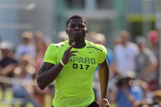 Jul 1, 2013; Beaverton, OR, USA;  Lorenzo Carter runs the 40 yard dash during the SPARQ Rating National Championship at Nike World Headquarters in Beaverton, Oregon on Monday July, 1, 2013. Mandatory Credit: Steve Dykes-USA TODAY Sports