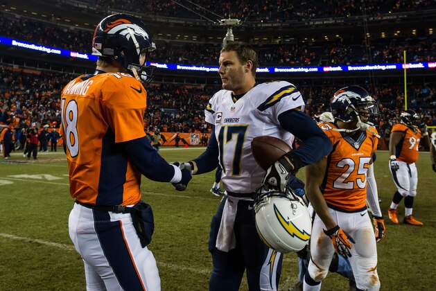 DENVER, CO - DECEMBER 12:  Quarterback Peyton Manning #18 of the Denver Broncos congratulates quarterback Philip Rivers #17 of the San Diego Chargers after a 27-20 loss to the San Diego Chargers at Sports Authority Field Field at Mile High on December 12, 2013 in Denver, Colorado.  (Photo by Dustin Bradford/Getty Images)